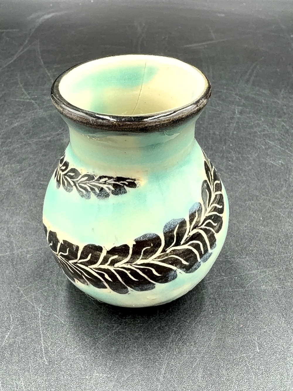 Vintage Small Bulbous Ceramic Turquoise Fern Leaves 2” Vase
